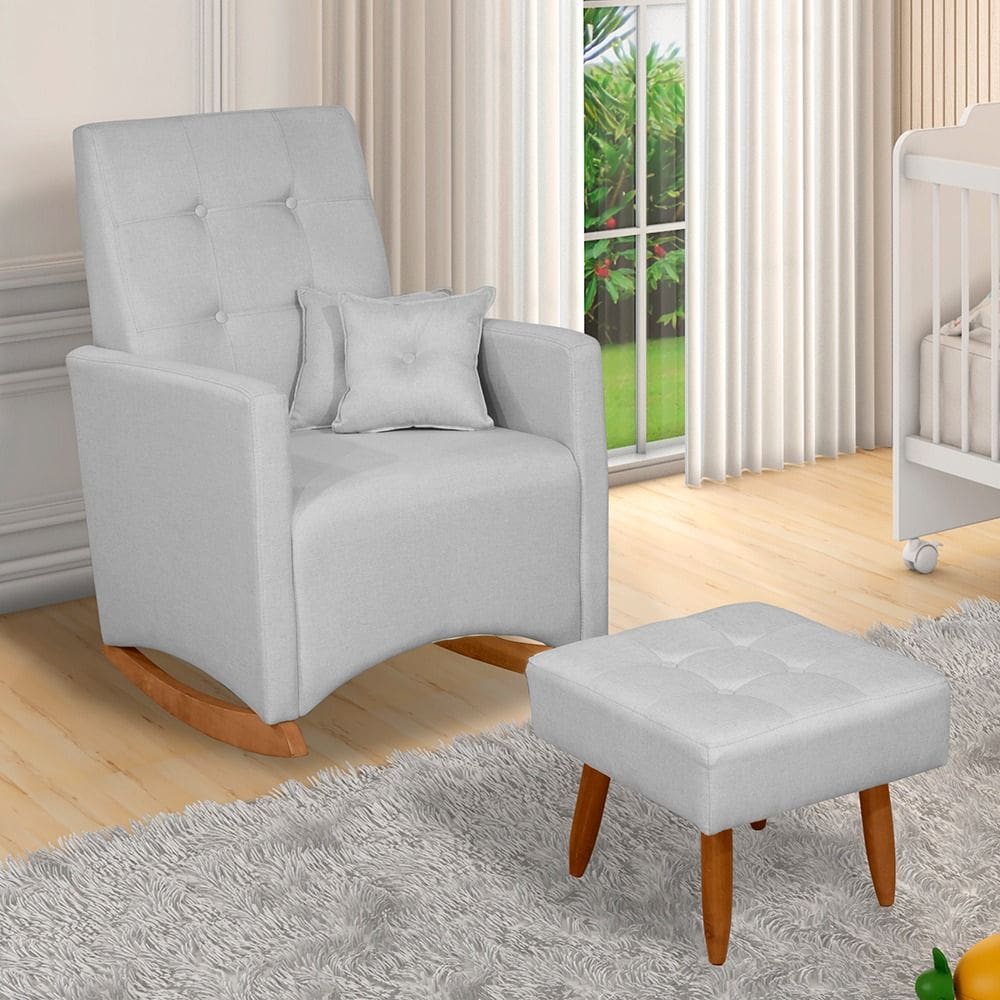 Poltrona de Amamentação Balanço Com Puff Ana Tecido Linho