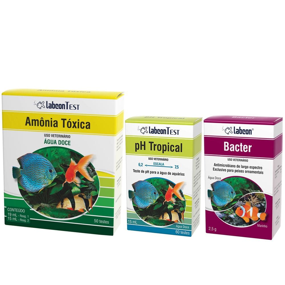 Combo Testes para água de aquário Amônia Água Doce + Teste PH e Bacter Labcon para Aquários