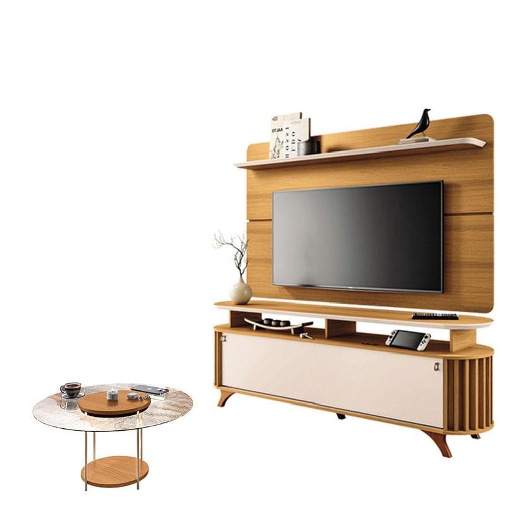 Rack Bancada Alba com Painel Curv com Mesa de Centro Sky com Tampo de Vidro Cinamomo Off White – HB Móveis