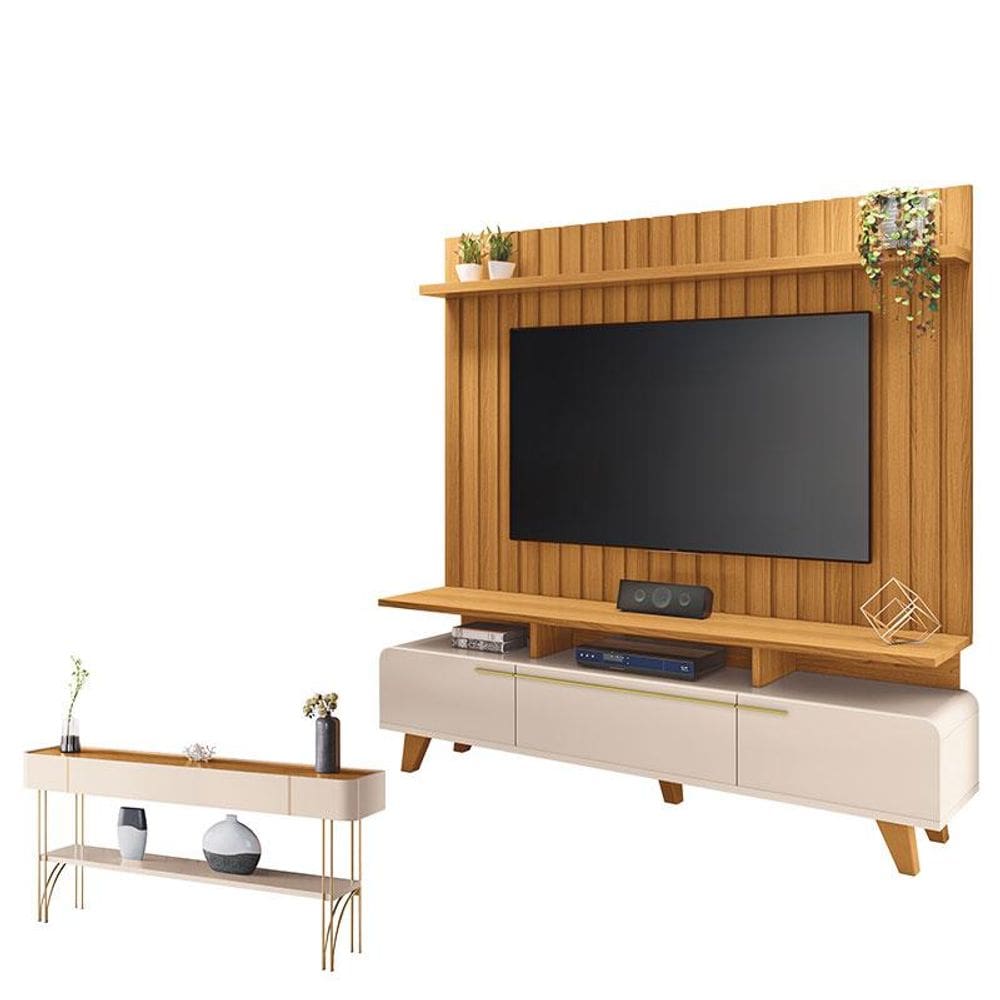 Rack Bancada Essenza e Painel Link 2.0 com Aparador Vivant Off White Cinamomo – HB Móveis