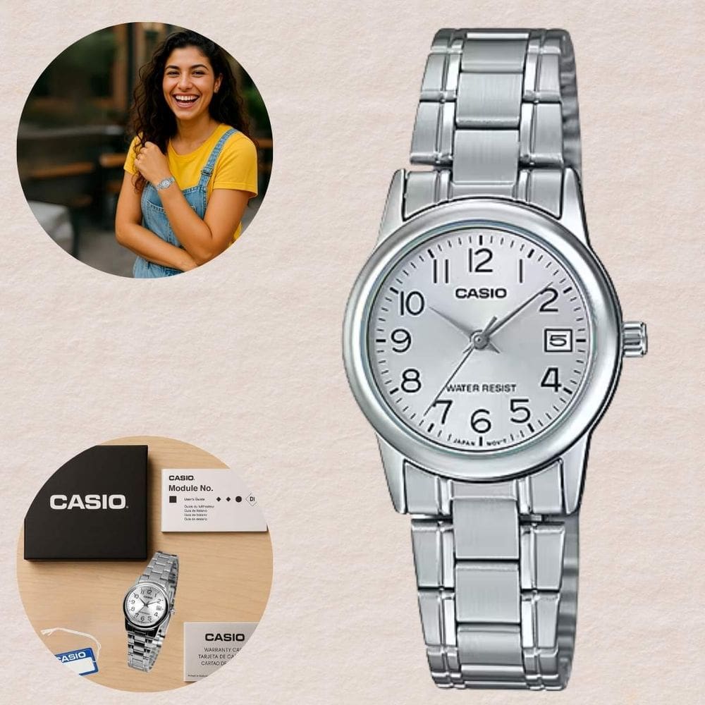 Casio LTP-V002D Relógio Feminino Pequeno Casual Resistência Água 3ATM em Aço Inoxidável Estilo Moderno e Elegante Calendário