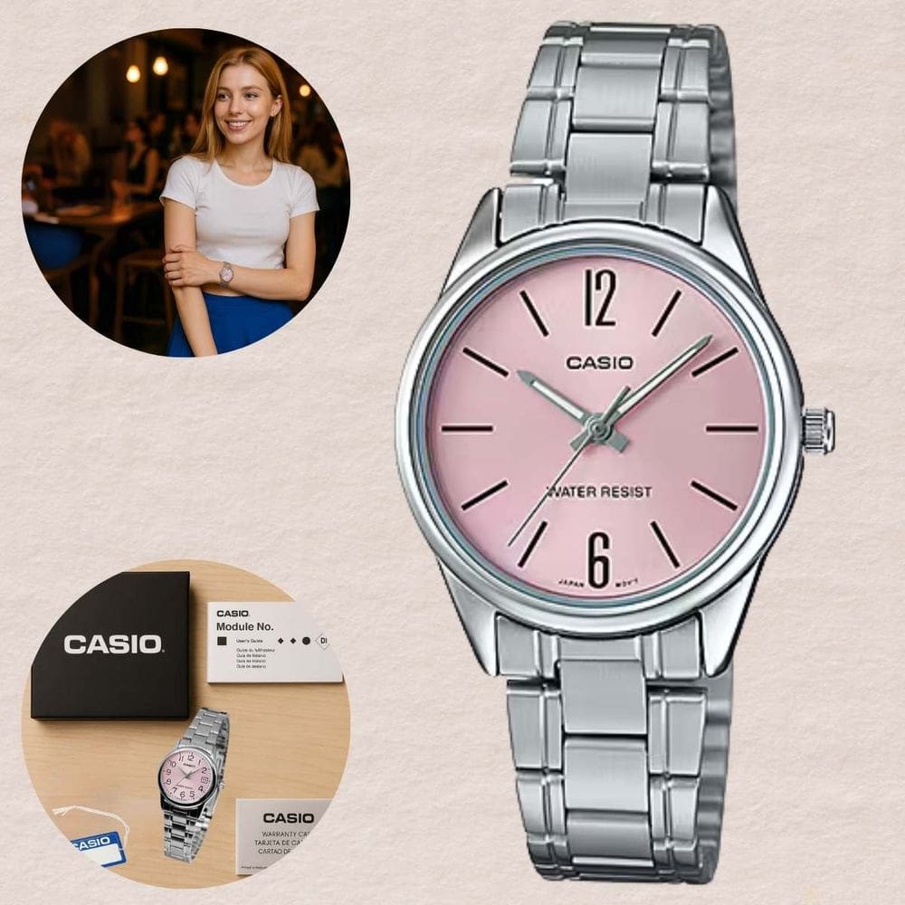 Relógio Casio Analógico  LTP-V005D Feminino Pulseira Inox Resistencia Água  3ATM Prateado Moderno Casual Pequeno Redondo