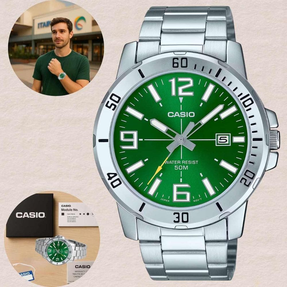 Relógio Casio Masculino Quartzo Prova D`água 50 metros 5 ATM Casual Moderno Aço Inóx Redondo Verde MTP-VD01D-3BVUDF