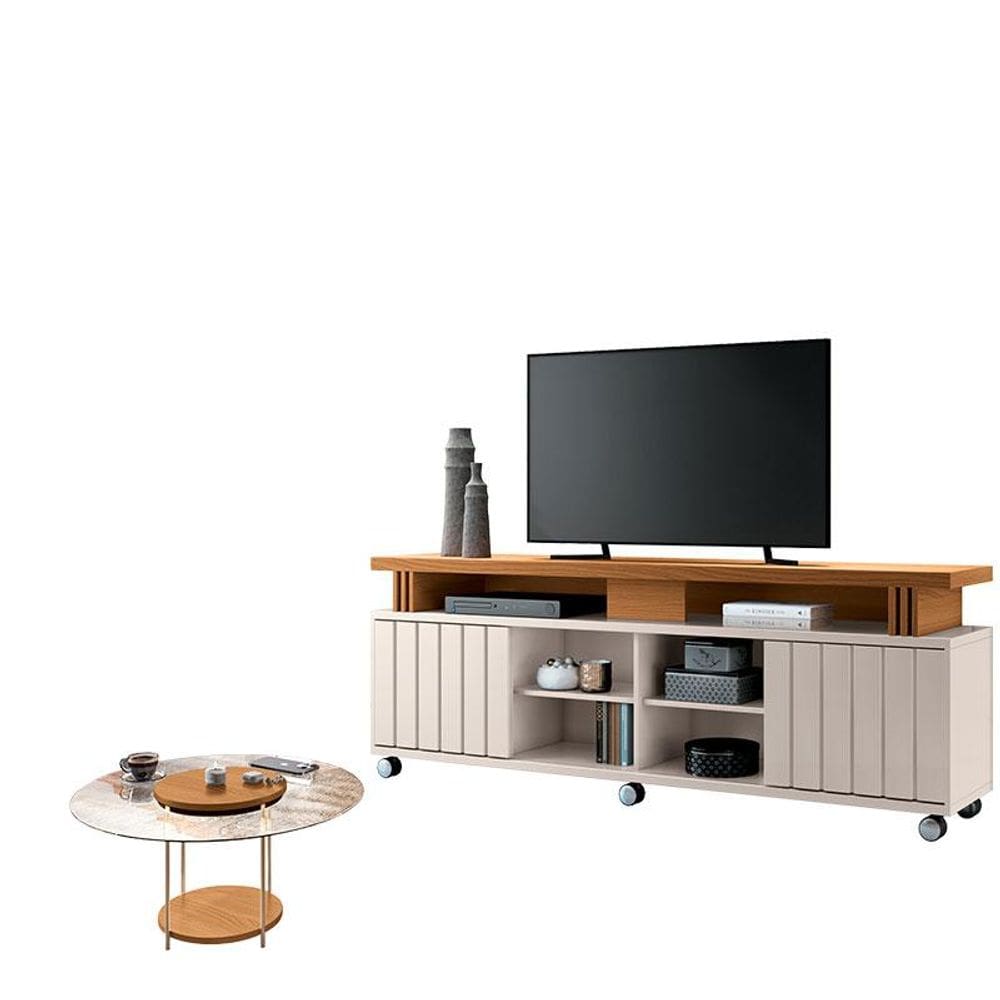 Rack Bancada Rivera 1.8 com Mesa de Centro Sky com Tampo de Vidro Cinamomo Off White – HB Móveis