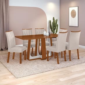 Conjunto Sala de Jantar Mesa Easy Pop 170x90cm Tampo MDF com 6 Cadeiras Confort Boucle Bege Frassino/Off White