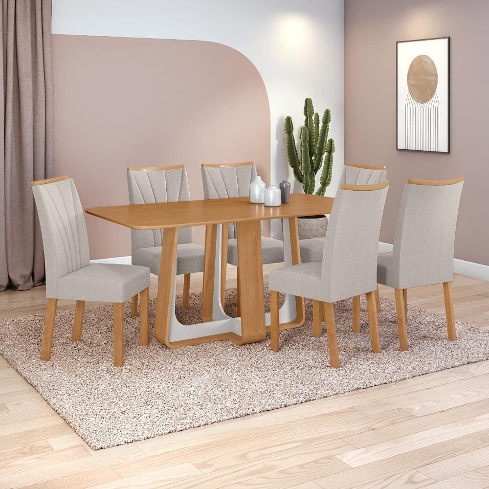 Conjunto Sala de Jantar Mesa Easy Pop 170x90cm Tampo MDF com 6 Cadeiras Confort Linho Mosaico Cinza Amêndoa/Off White