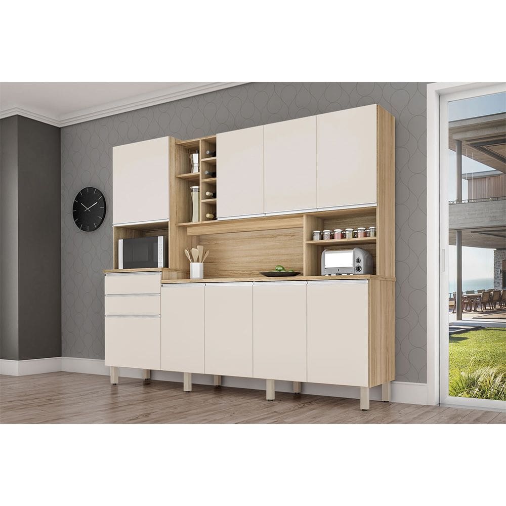 Cozinha Compacta Barcelona com Armários, Balcões, Nicho, e Adega Nature/off-white