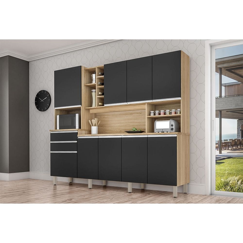 Cozinha Compacta Barcelona com Armários, Balcões, Nicho, e Adega Nature/preto Fosco