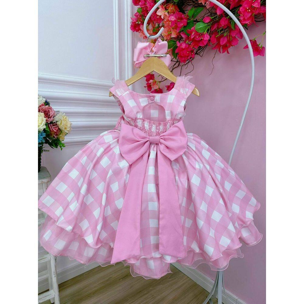 Vestido Infantil Barbie Rosa Xadrez Branco Com Laço Sku: 2023RB