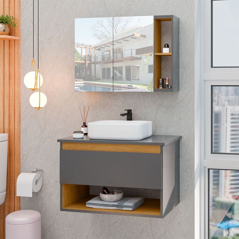 Conjunto para Banheiro Gabinete Suspenso com Cuba e Espelheira Florence Cinza