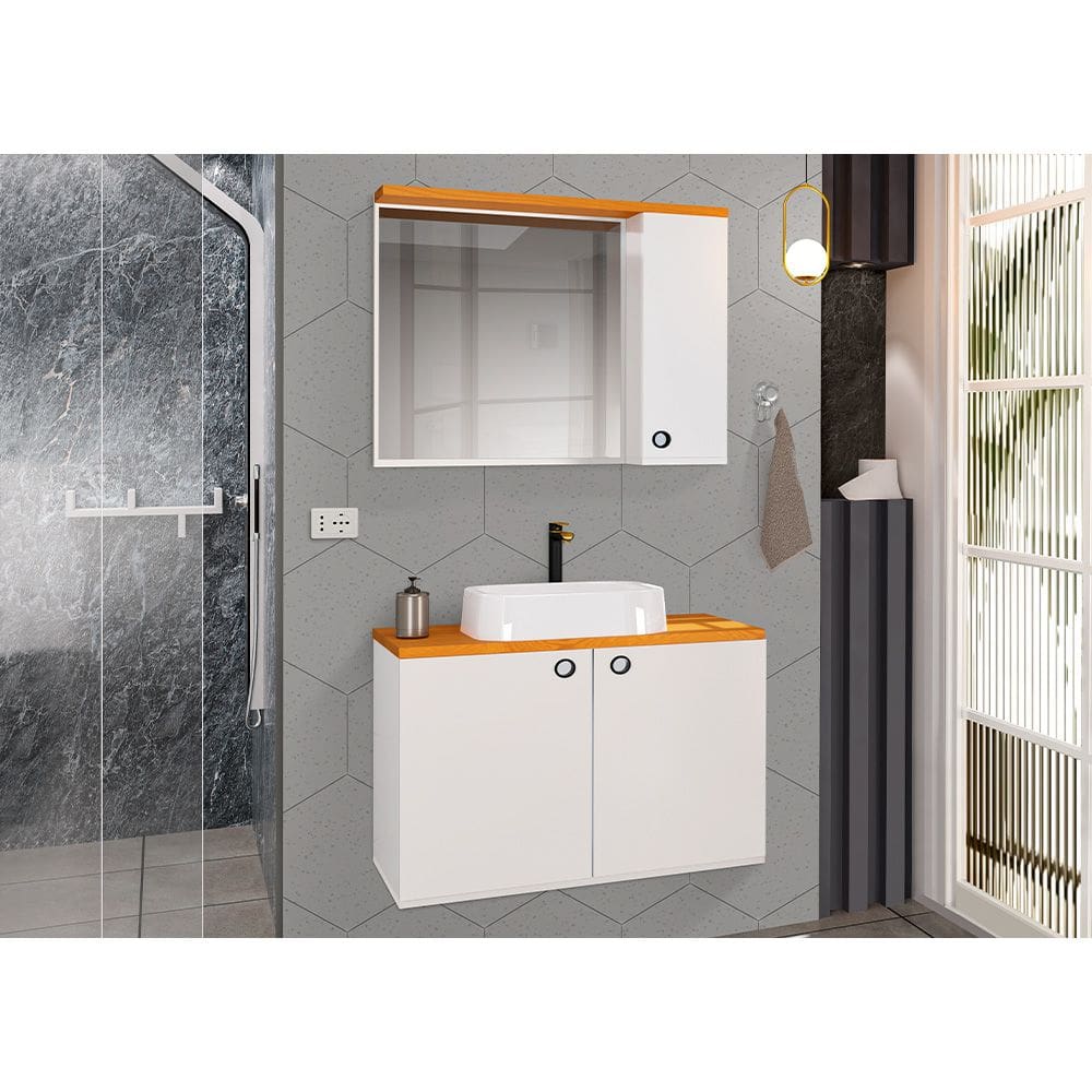 Conjunto para Banheiro Gabinete Suspenso com Cuba e Espelheira Madri Branco