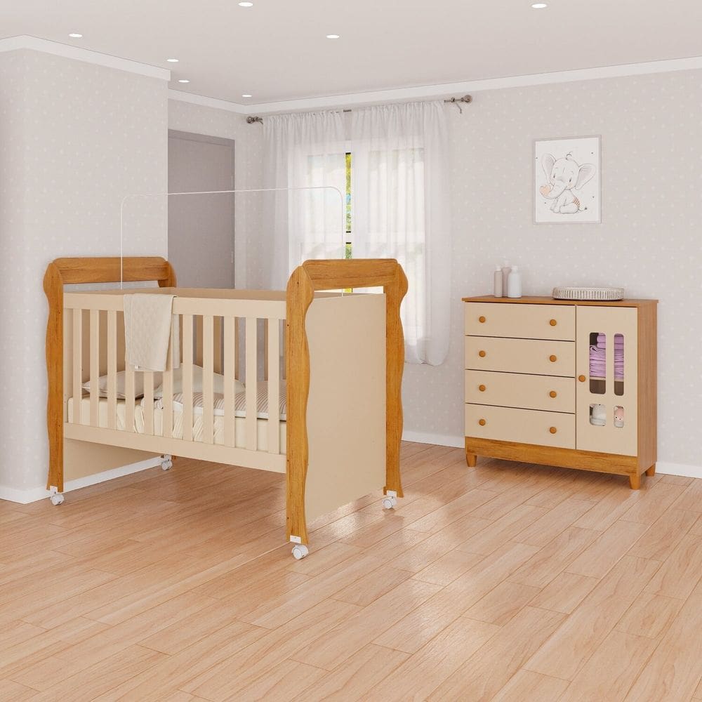 Conjunto Quarto de Bebê Fraldário Ariel e Berço Mirelle Off White/Bétula