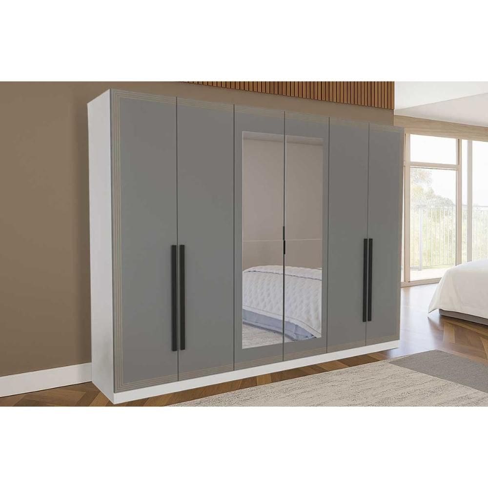 Guarda Roupa Casal 6 Portas (2 c/ Espelho) e 4 Gavetas Valência Branco/Cinza - Politorno