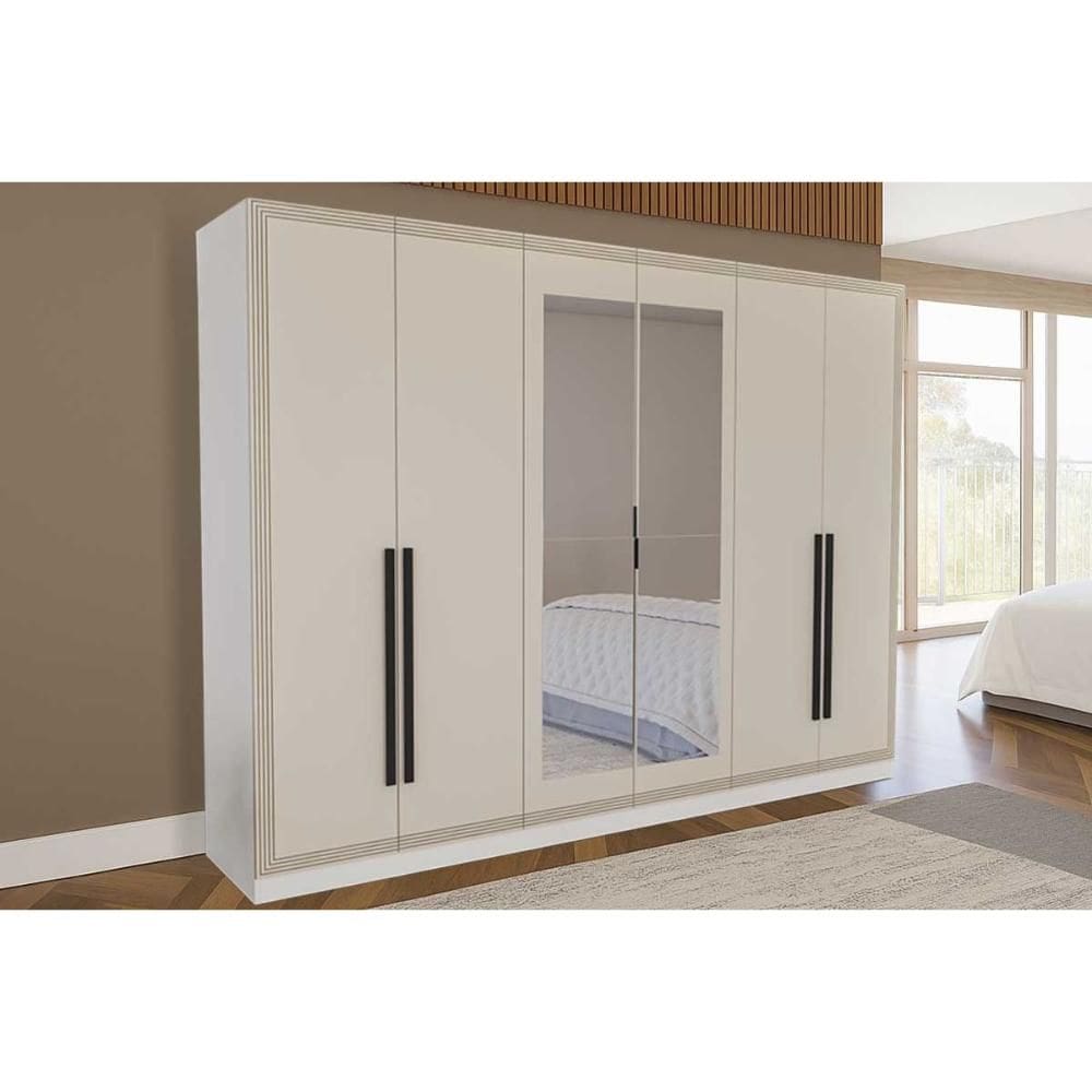 Guarda Roupa Casal 6 Portas (2 c/ Espelho) e 4 Gavetas Valência Branco/Creme - Politorno