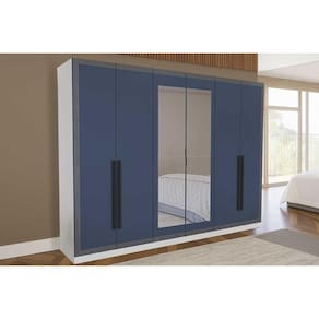 Guarda Roupa Casal 6 Portas (2 c/ Espelho) e 4 Gavetas Valência Branco/Azul - Politorno