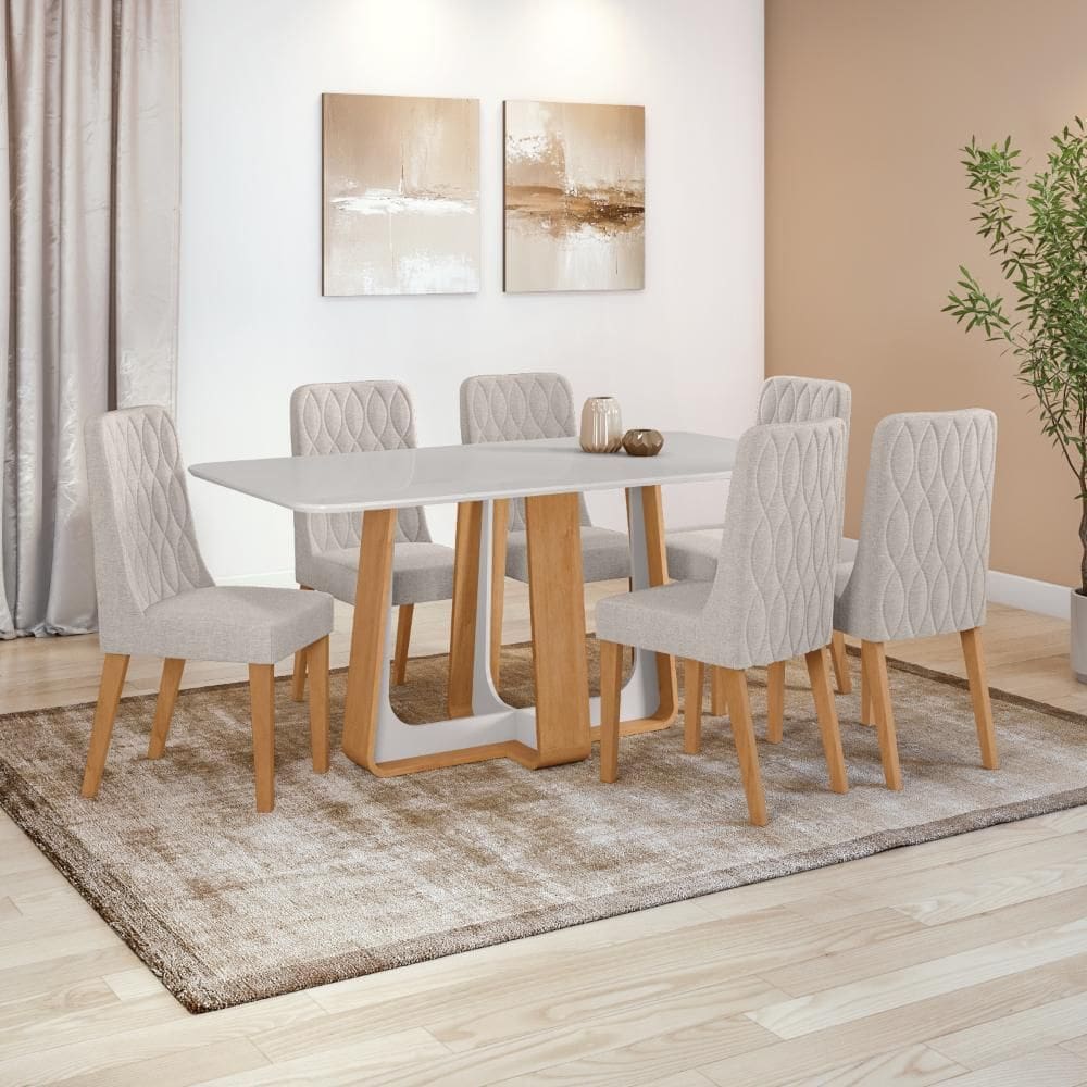 Conjunto Sala de Jantar Mesa Easy Pop 170x90cm Tampo Vidro/MDF com 6 Cadeiras Seat Linho Mosaico Cinza Amendoa/Off White