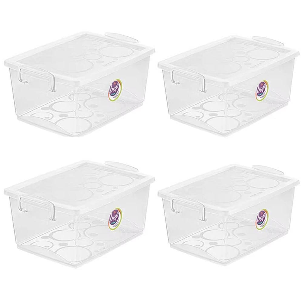 Kit 4 Caixas Organizadora 4L com Travas e Alças Laterais Bel Ordene Escola Casa Closet