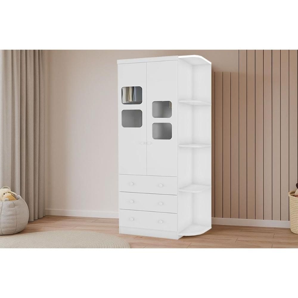 Guarda Roupa Infantil c/ 2 Portas Cristal e 3 Gavetas Uli Branco - Peroba