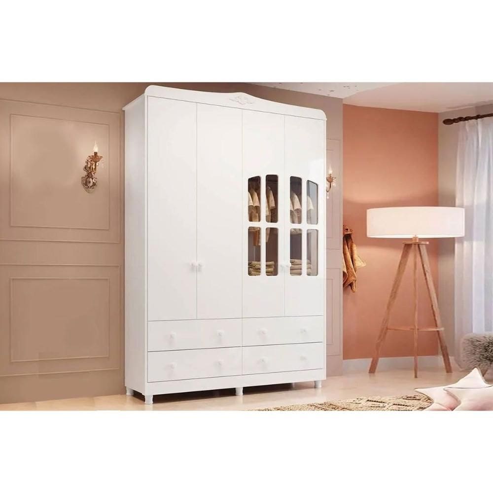 Guarda Roupa Infantil c/ 4 Portas (2 Cristal) e 4 Gavetas Êlo Branco - Peroba