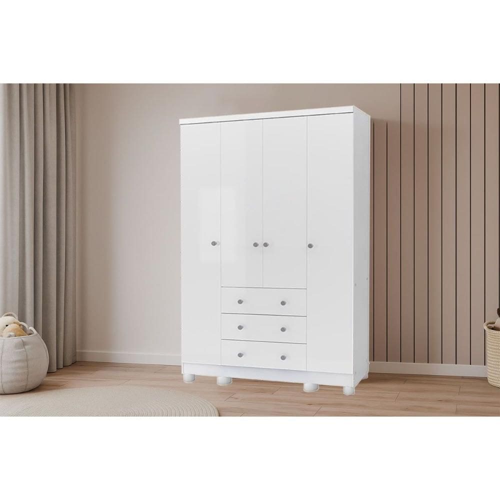 Guarda Roupa Infantil c/ 4 Portas e 3 Gavetas Júnior Branco - Peroba