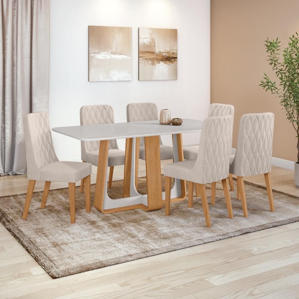 Conjunto Sala de Jantar Mesa Easy Pop 170x90cm Tampo Vidro/MDF com 6 Cadeiras Seat Boucle Bege Amendoa/Off White