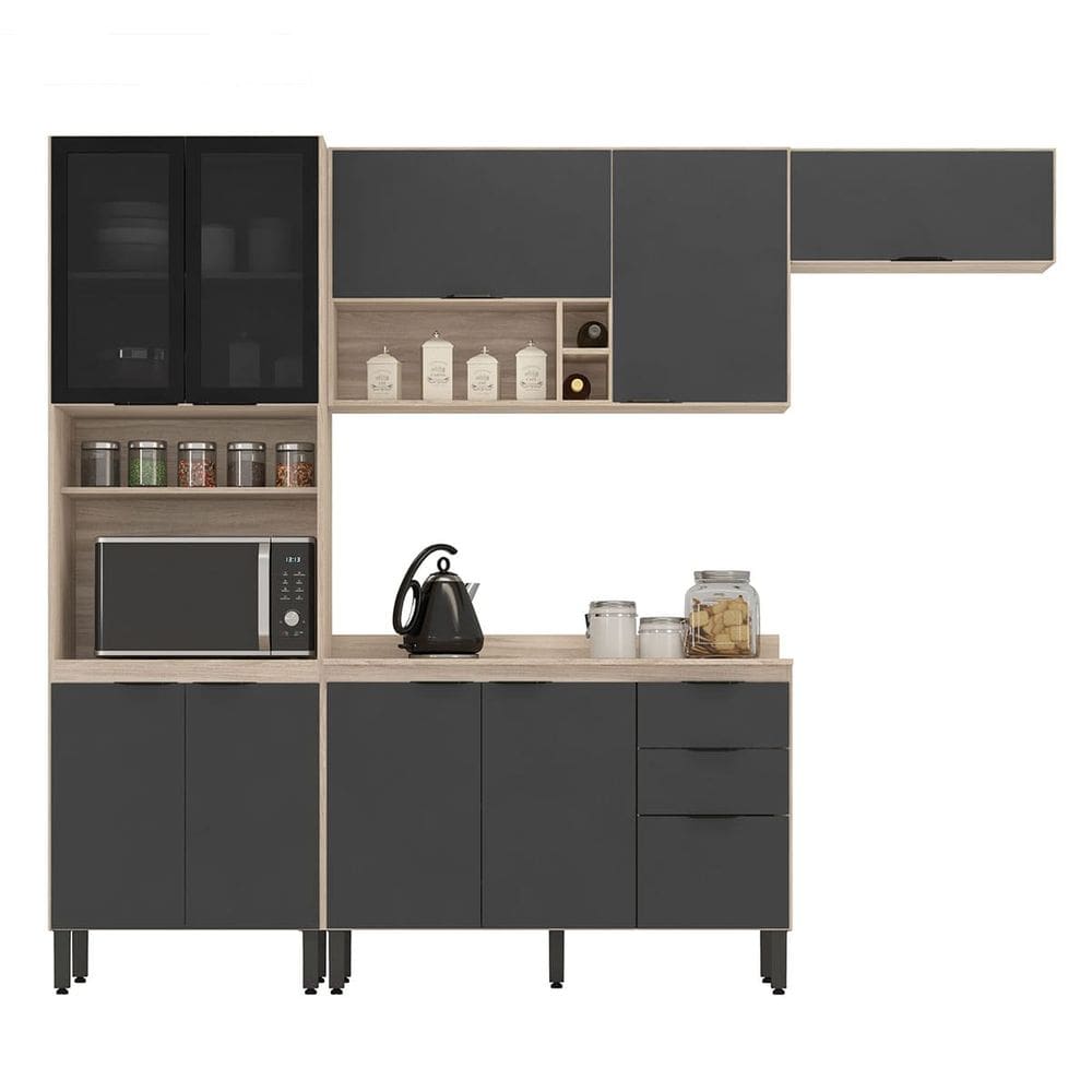 Armário de Cozinha Modulada Rubi Compacta 4 Peças-AVENA-GRAFITO-EdeCasaMóveis