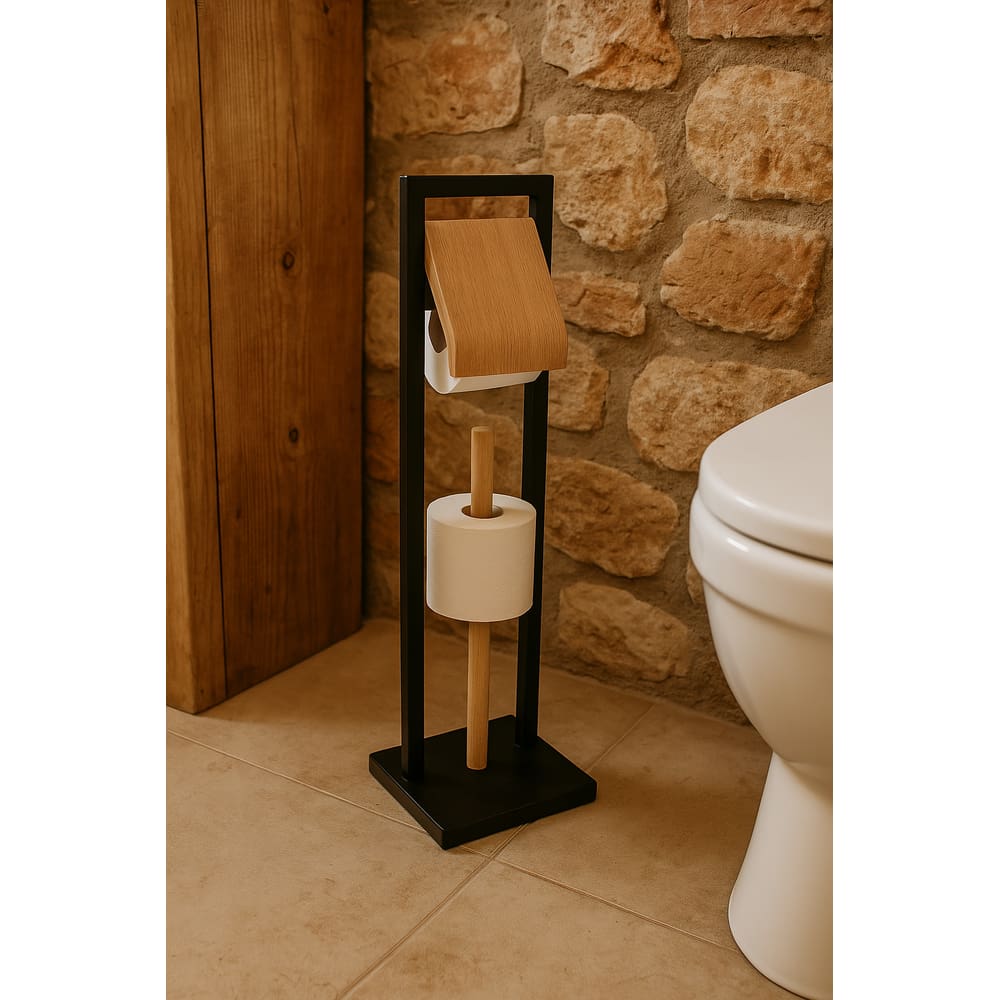 Porta Papel Higiênico De Bambu e Metal Nero - Jolitex Mek - Nero