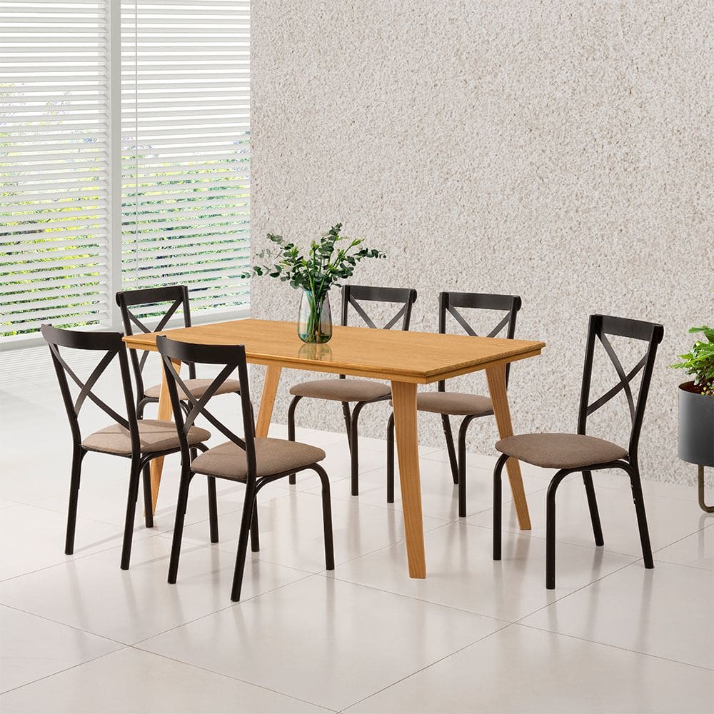 Conjunto Mesa de Jantar Industrial em Madeira Maciça Milenna com 6 Cadeiras Karen Preta 160x80 Imbui