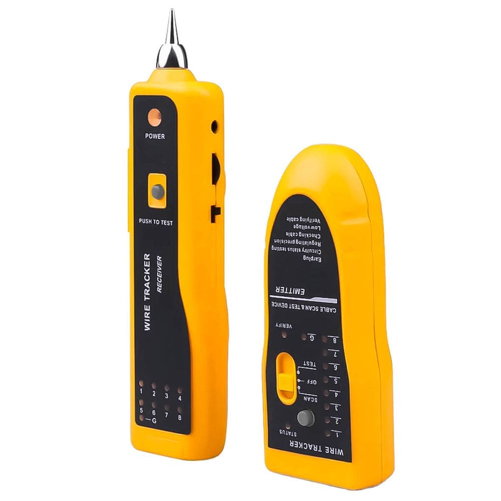 Kit testador e localizador de rede profissional com sinal visual e sonoro, compatível com RJ45, RJ11 e garras jacaré. Lanterna LED e estojo incluso