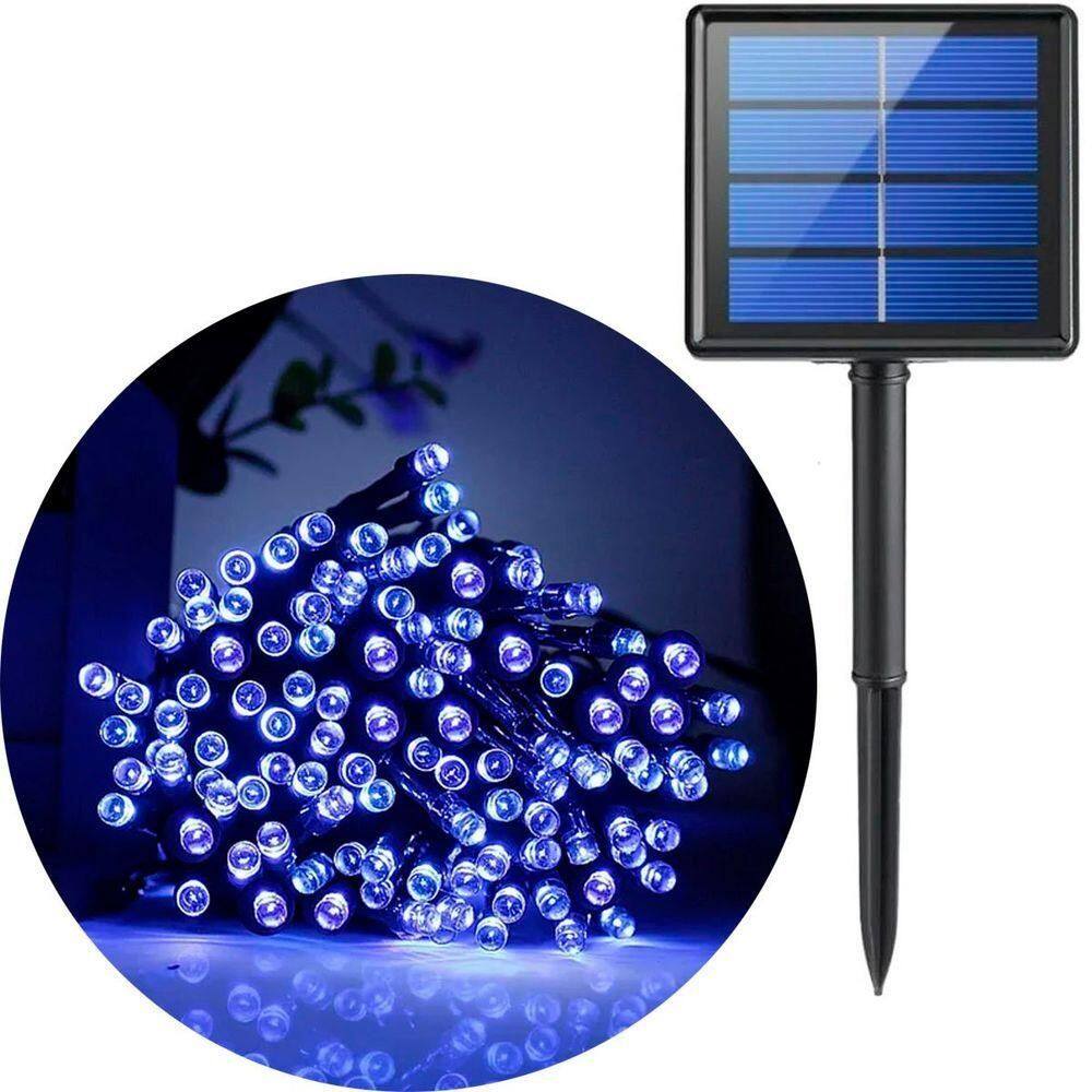 Cordão Pisca Pisca Solar Natal 100 Lâmpadas Leds Azul De 10m