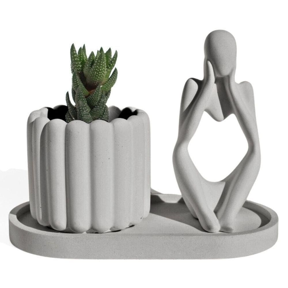 Conjunto Decorativo 3 Peças Estátua Pensadora Vaso Tulipa E Bandeja Cinza