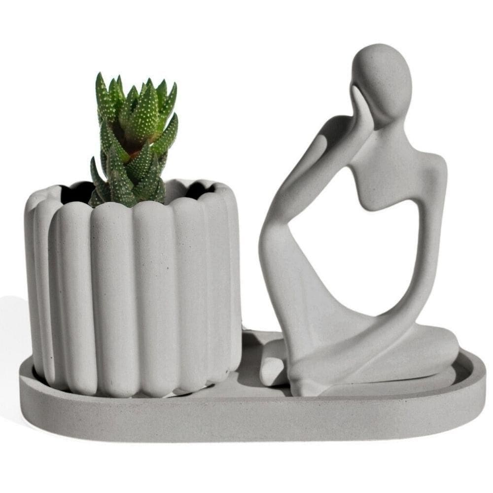 Conjunto Decorativo 3 Peças Estátua Pensadora Vaso Tulipa E Bandeja Cinza