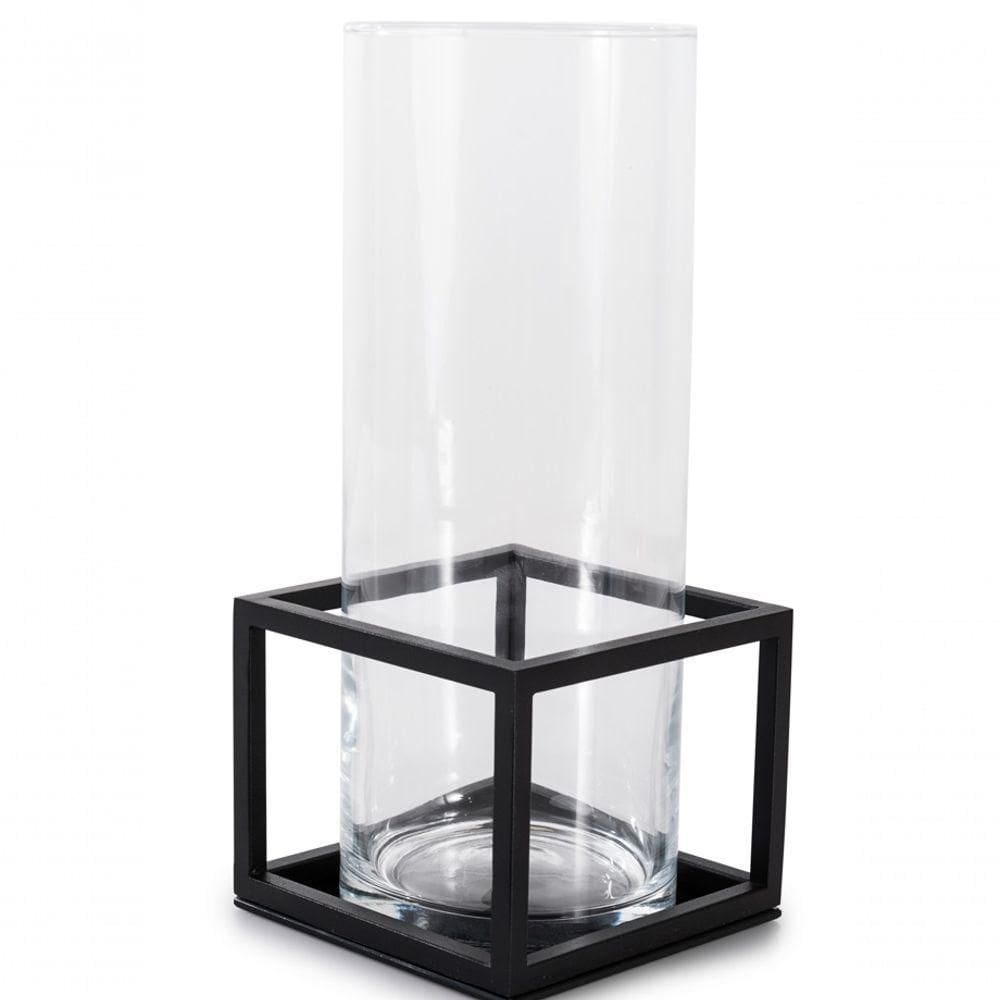 Vaso De Vidro Com Armação Em Aço Preto - Linha Frame - 31 Cms