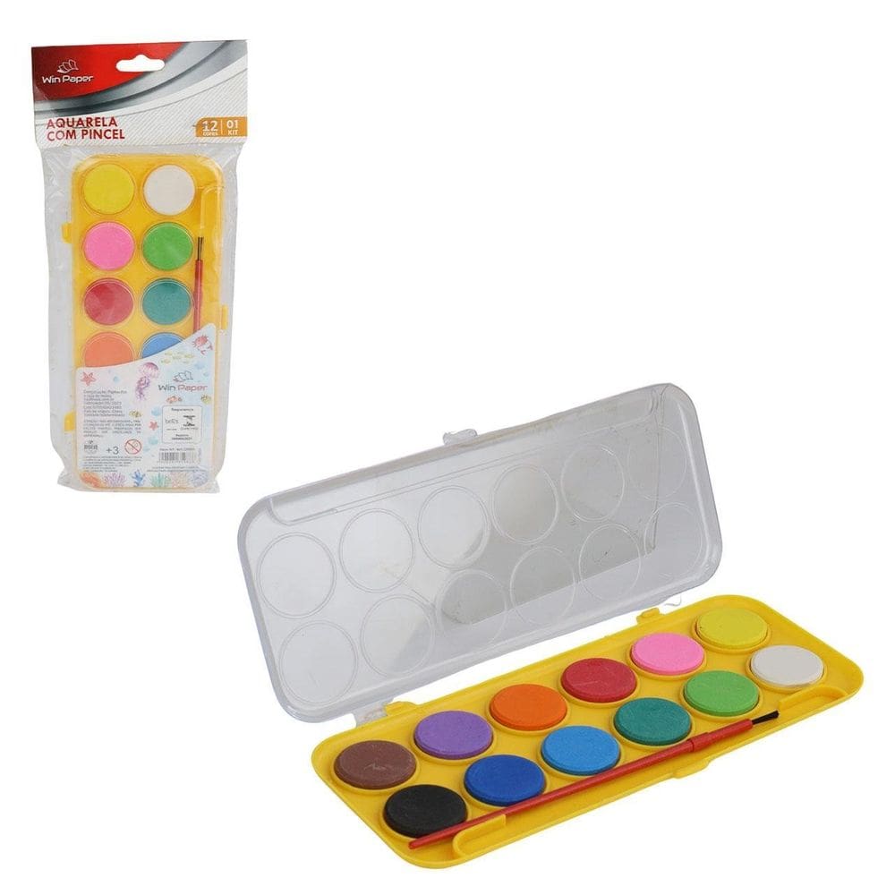 Tinta Aquarela 12 Cores com Pincel e Estojo - Tudo em Caixa