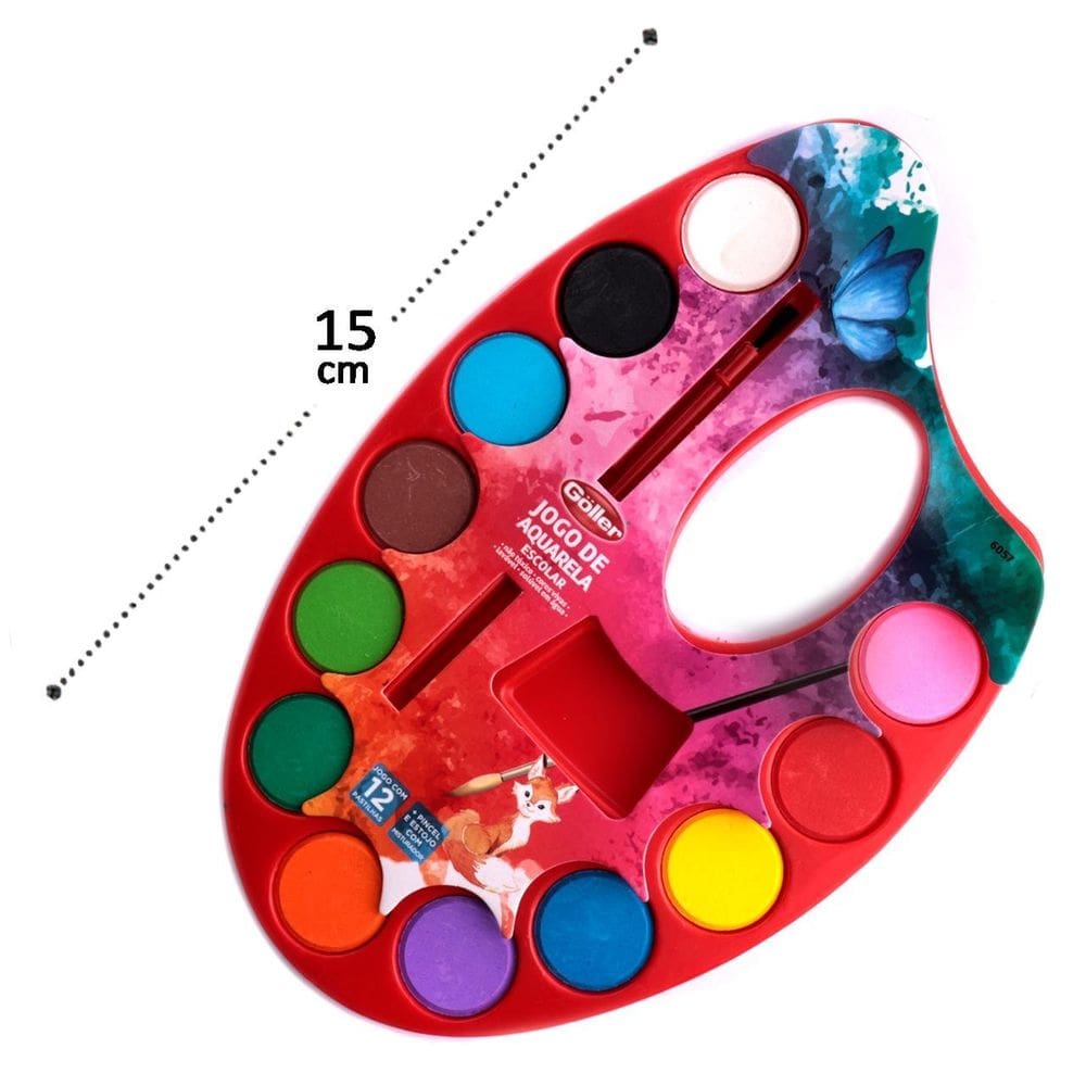 Tinta Aquarela 12 Cores com Pincel e Paleta - Tudo em Caixa