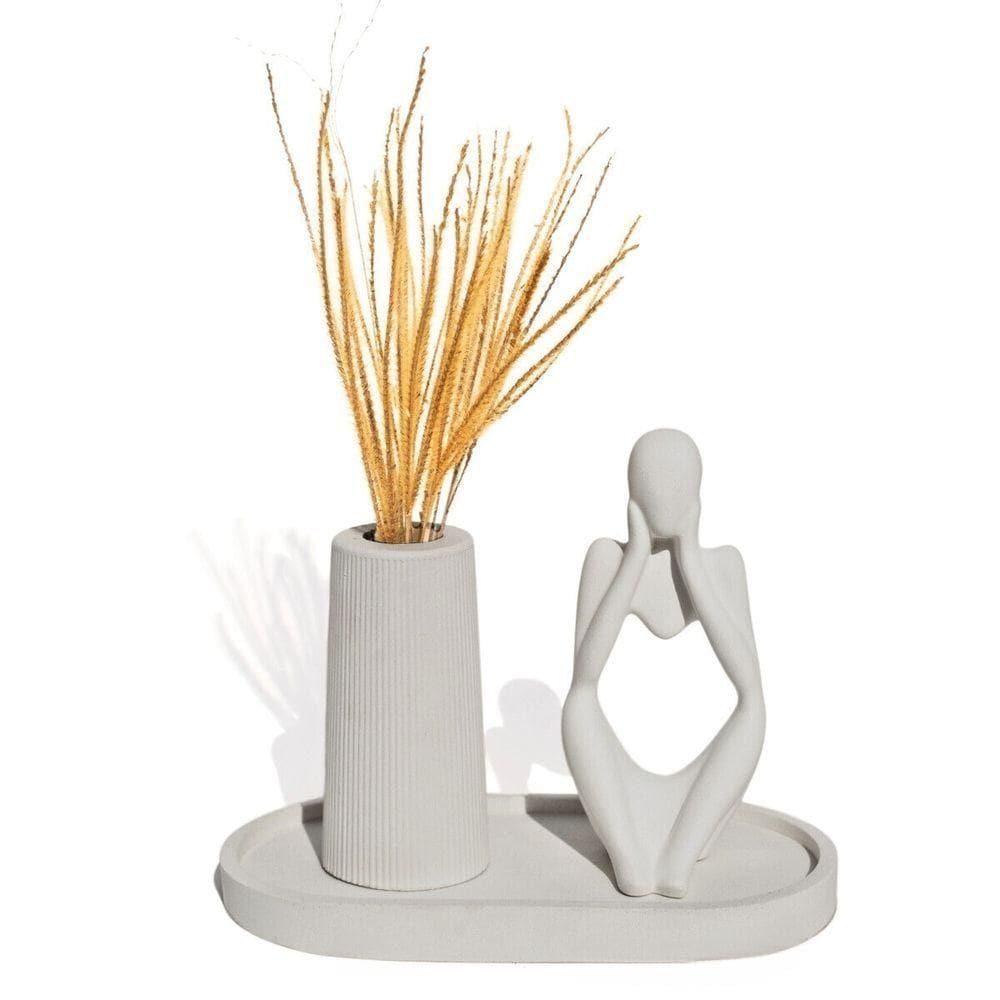 Kit 3 Peças Decoração Estátua Pensadora Garrafa Tubo E Bandeja Cinza