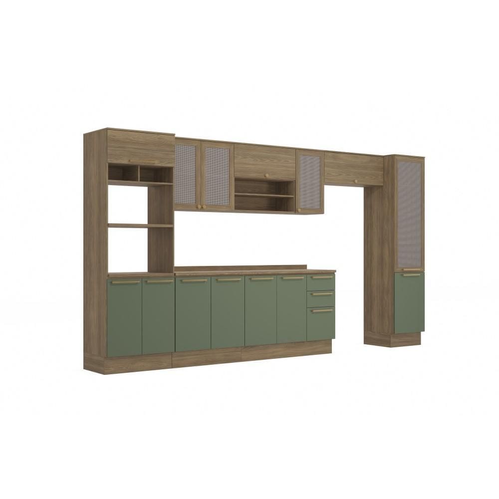 Cozinha Completa 7 Peças com Armário e Balcão Kappesberg Botânic 410cm Nogueira/Verde Oliva - CB873