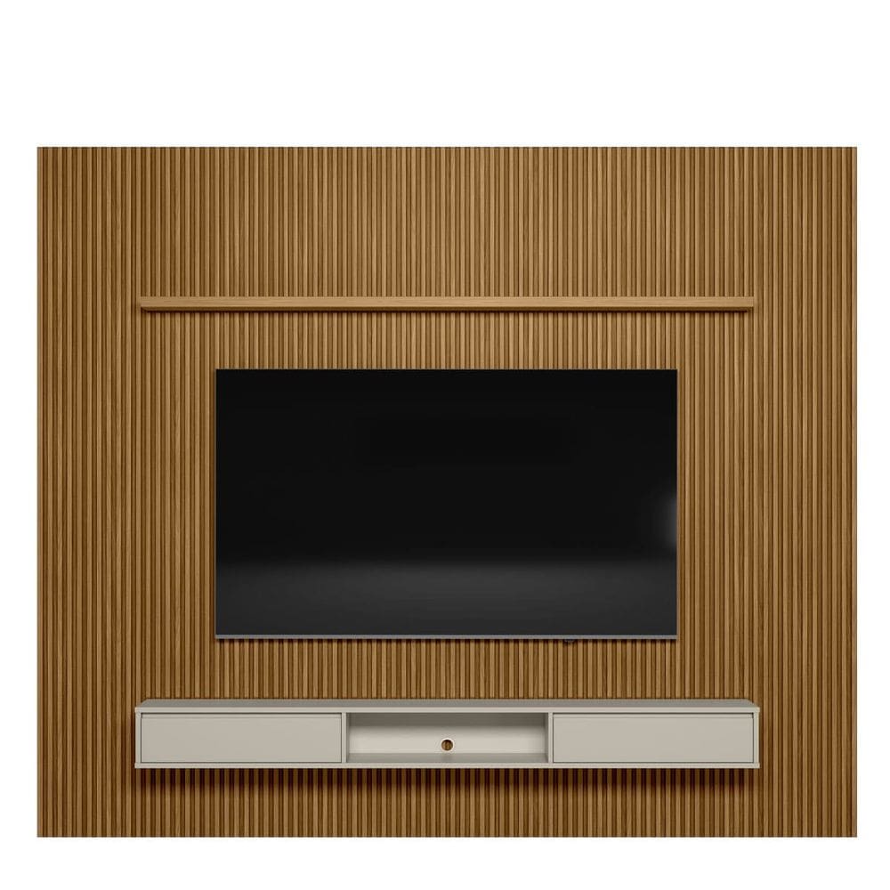 Painel Ripado Modular 3.0 Para Tv até 75 com Nicho e Prateleira Emily-Nature-OffWhite - EdeCasaMoveis