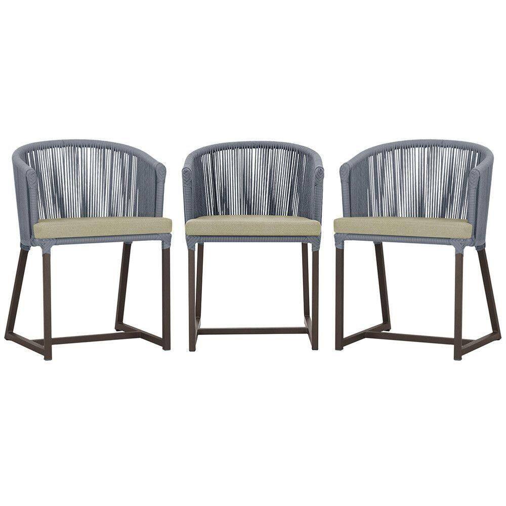 3 Cadeiras De Jantar Noronha Marrom Corda Náutica E7 Trama Prata