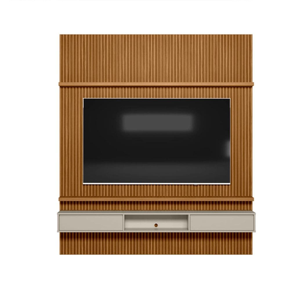 Painel Ripado Modular 2.2 Para Tv até 75 com Nicho e Prateleira Emily-Nature-OffWhite - EdeCasaMoveis