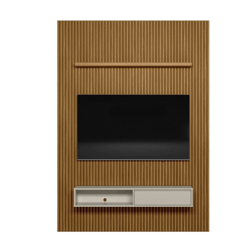Painel Ripado Modular 1.8 Para Tv até 75 com Nicho e Prateleira Emily-Nature-OffWhite - EdeCasaMoveis