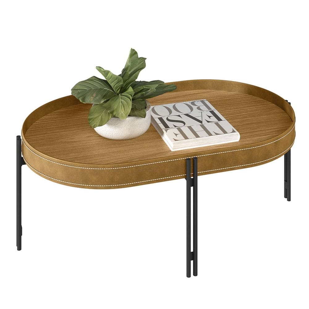 Mesa de Centro 35x93 com Detalhes em Couro Virginia  EdeCasaMoveis