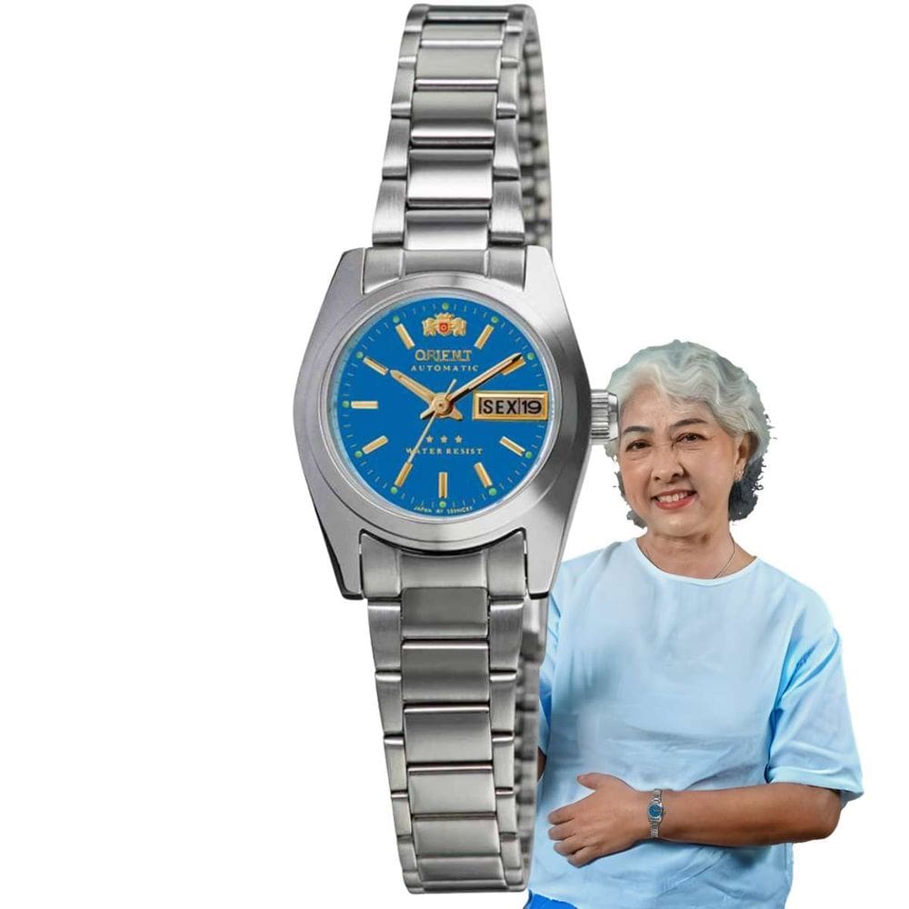 Relógio de Pulso Orient Feminino Automático 3 Estrelas Aço Inóx Pequeno Mini Redondo Resistente Água Calendário Duplo Casual Prata 559WC8NH A1SX