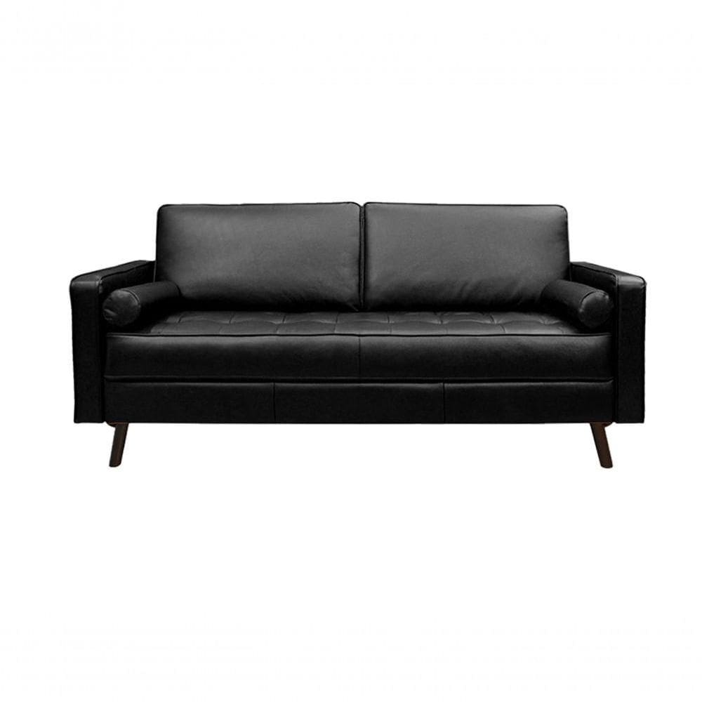 Sofá De Couro Melfi 3 Lugares Preto Pigmentado - Mempra