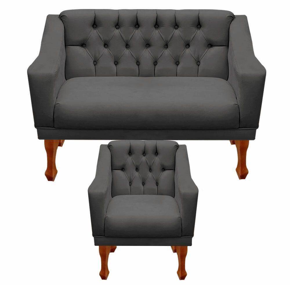 Kit Namoradeira + 1 Poltrona Decorativa Grécia Dritex Suede Cinza