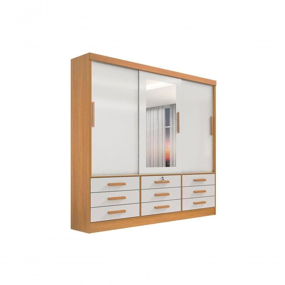 Guarda Roupa Casal Meridian Com Espelho 3 Portas 9 Gavetas Sem Pés - D` Doro Cinamomo/off White