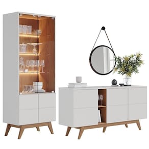 Balcão Buffet Com Cristaleira Rebeca E Espelho Adnet 67cm C05 Off White-freijó - Mpozenato