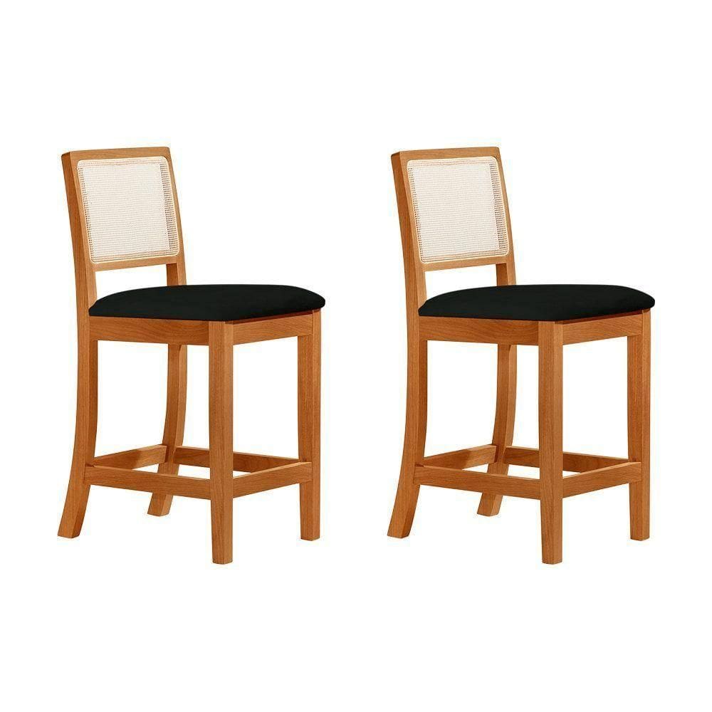 Kit 2 Banquetas Altas Luxo Em Tela Sextavadas Assento Estofado Veludo Preto Rubi Madeira Maciça Mel