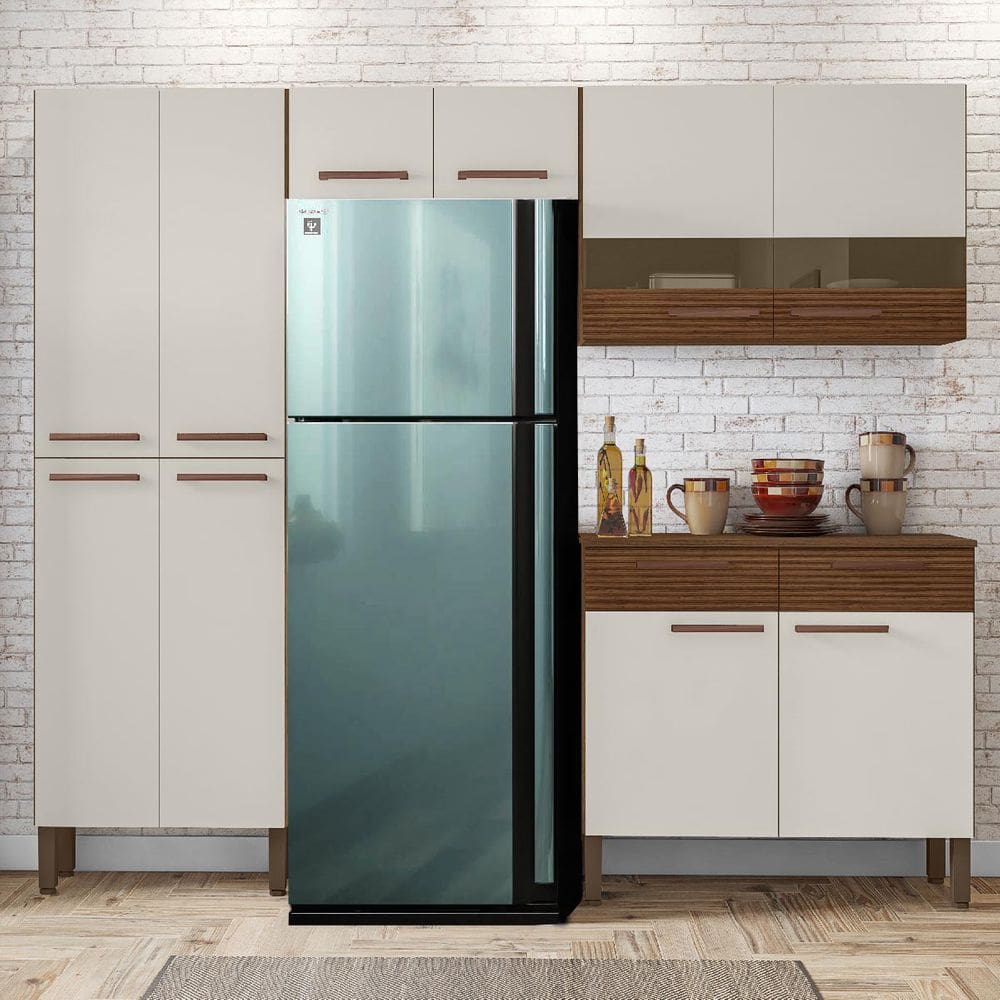 Armário de Cozinha Compacta Nala 8 Portas, 2 Gavetas e Balcão com Tampo em MDP Nogueira/Off White/CP-Ripado - Kits Paraná