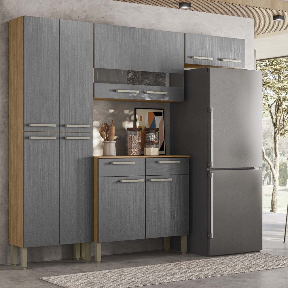 Armário de Cozinha Compacta Nala 8 Portas, 2 Gavetas e Balcão com Tampo em MDP Freijó/Gris- Kits Paraná